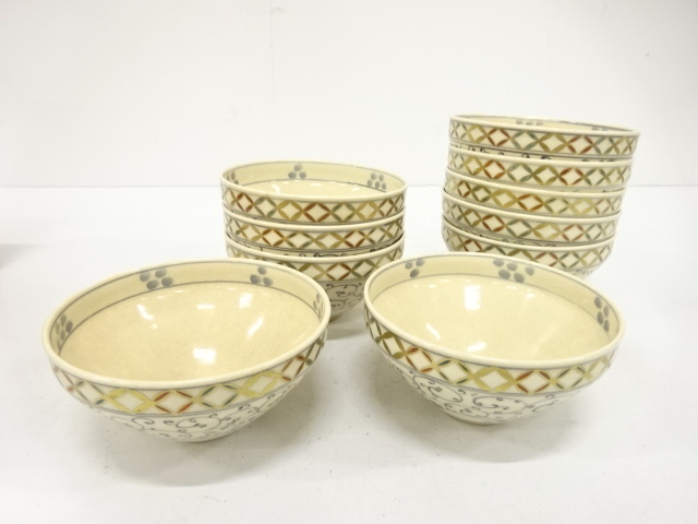  清閑寺窯　杉田祥平造　色絵　七宝　安南　唐草画　茶碗　10客揃